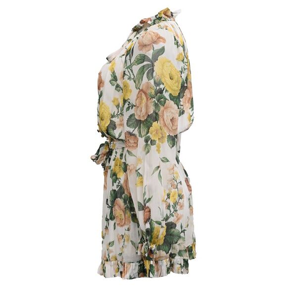 Zimmermann Zippy Belted Tie-Neck Chiffon Playsuit in Floral Print Viscose - Picture 2 of 5